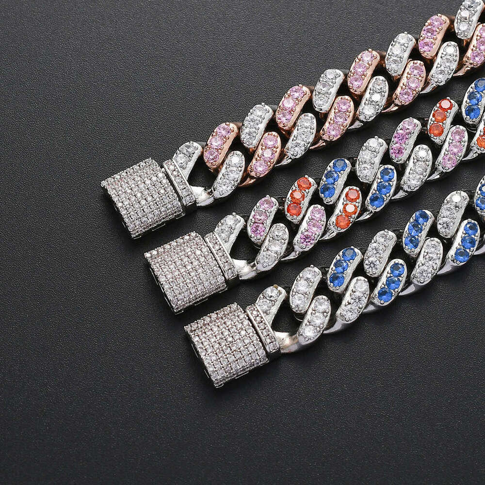 Direct sales from the source manufacturer: high-quality 12mm Cuban chain men's personalized hip-hop bracelet with zircon stones, pink white, Euro