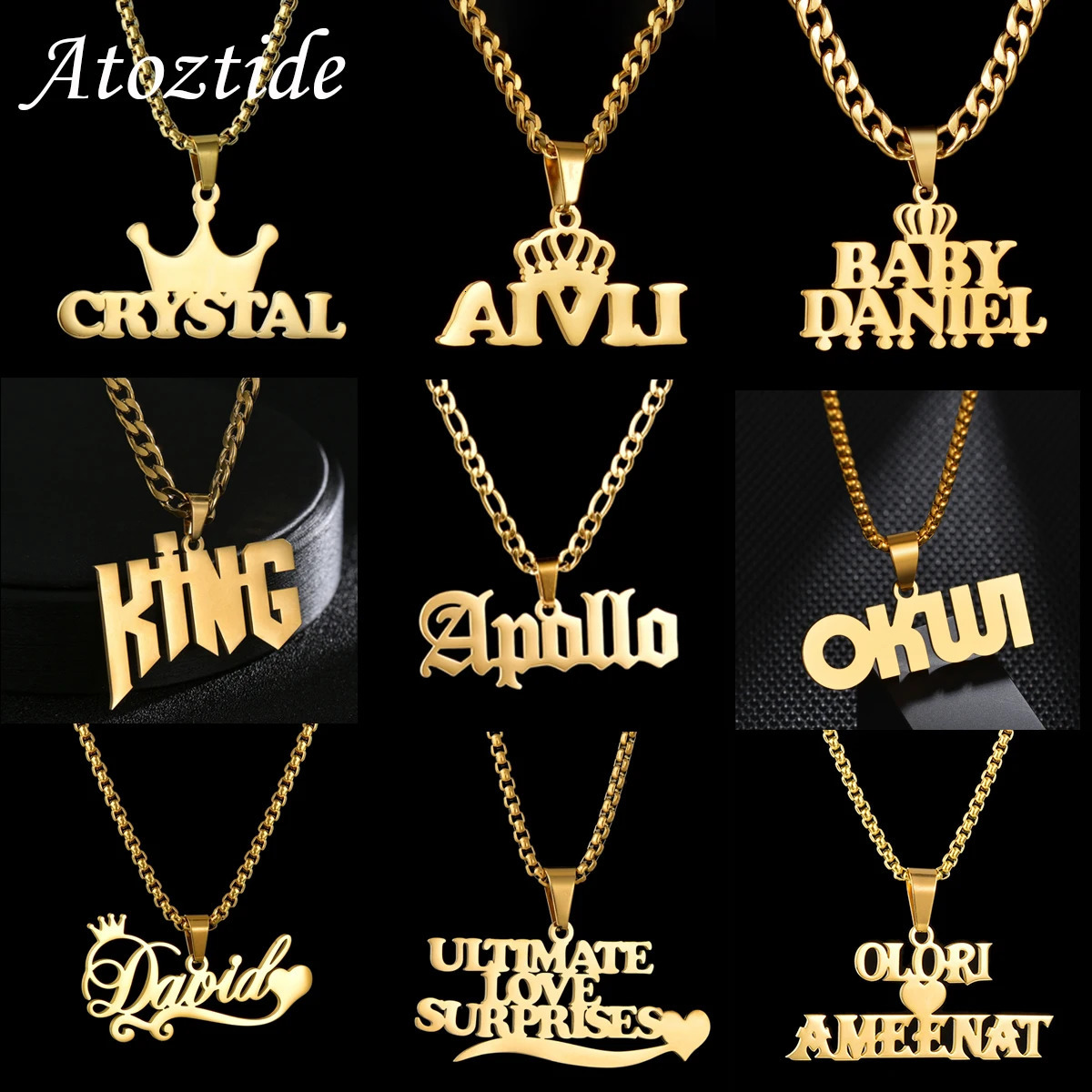 Atoztide LC Personalized Custom Names Pendant Necklace Stainless Steel Cuban Thick Chain for Men Women Birthday Jewelry Gift 260302