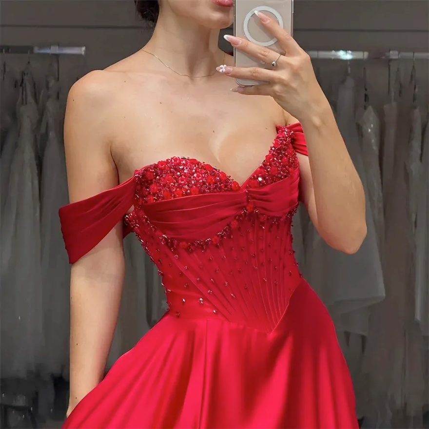 2026 New Red Formal Prom Dress V-Neck Side Split Sleeveless Sequins Beads Satin Women A-line Evening Birthday Gowns Party Dresses Robes De Soiree BC68