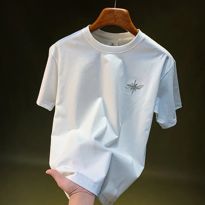 Summer highend embroidered Tshirt mens trendy loose and comfortable elastic short sleeved top casual versatile clothing 260302