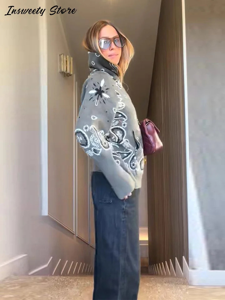 Fashion Knit Printed Sweater Womens Stand Collar Long Sleeve Zippers Vintage Style Cardigan 2026 Spring Lady Casual Top 260305