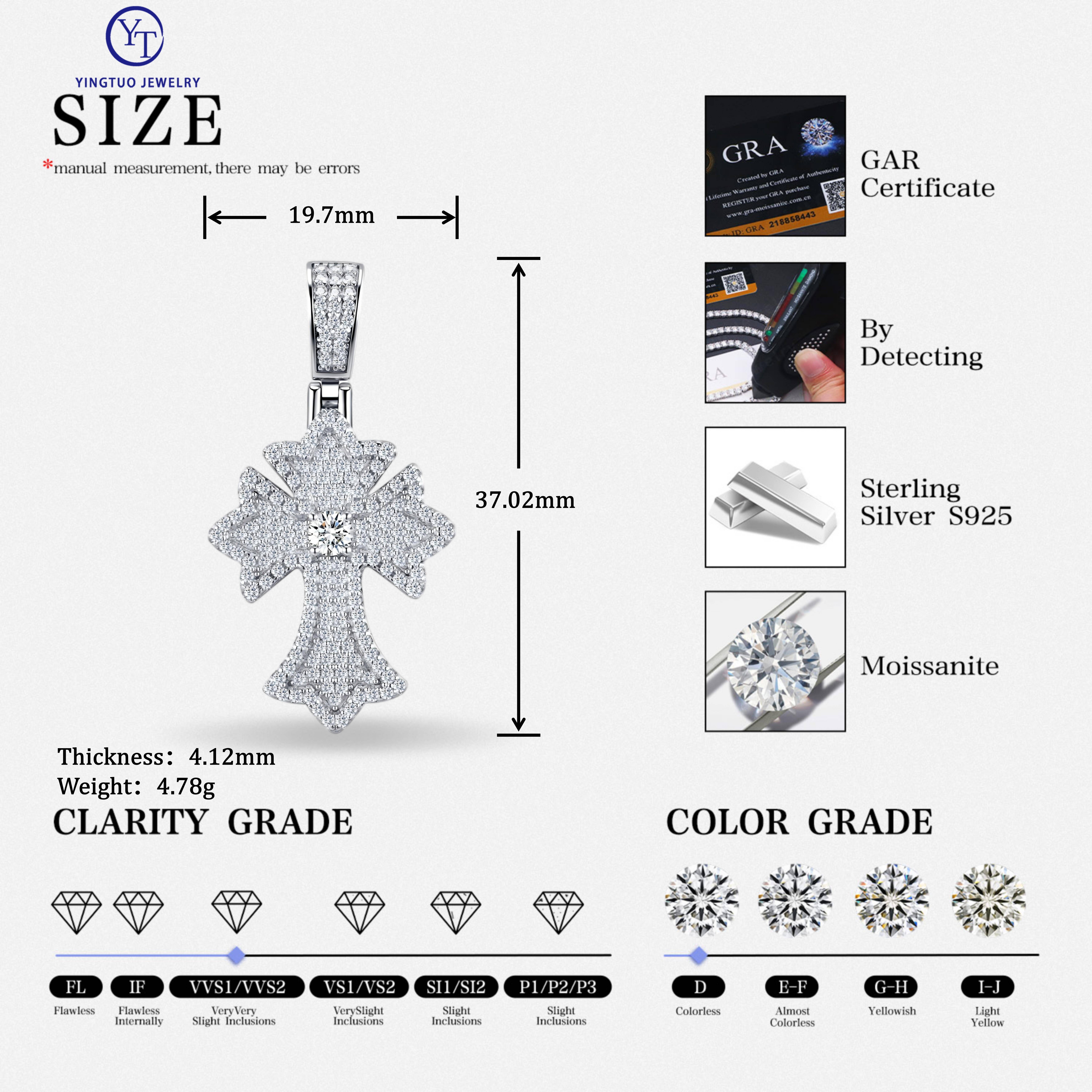 Factory Price Hip Hop Mens Cross Pendant Moissanite 925 Sterling Silver D VVS Moissanite Pendant