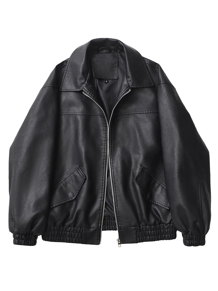 Ailegogo Streetwear Women Retro Loose Short Pu Faux Leather Jacket Spring Autumn Female Zipper Coat Vintage Moto Biker Outwear 260306