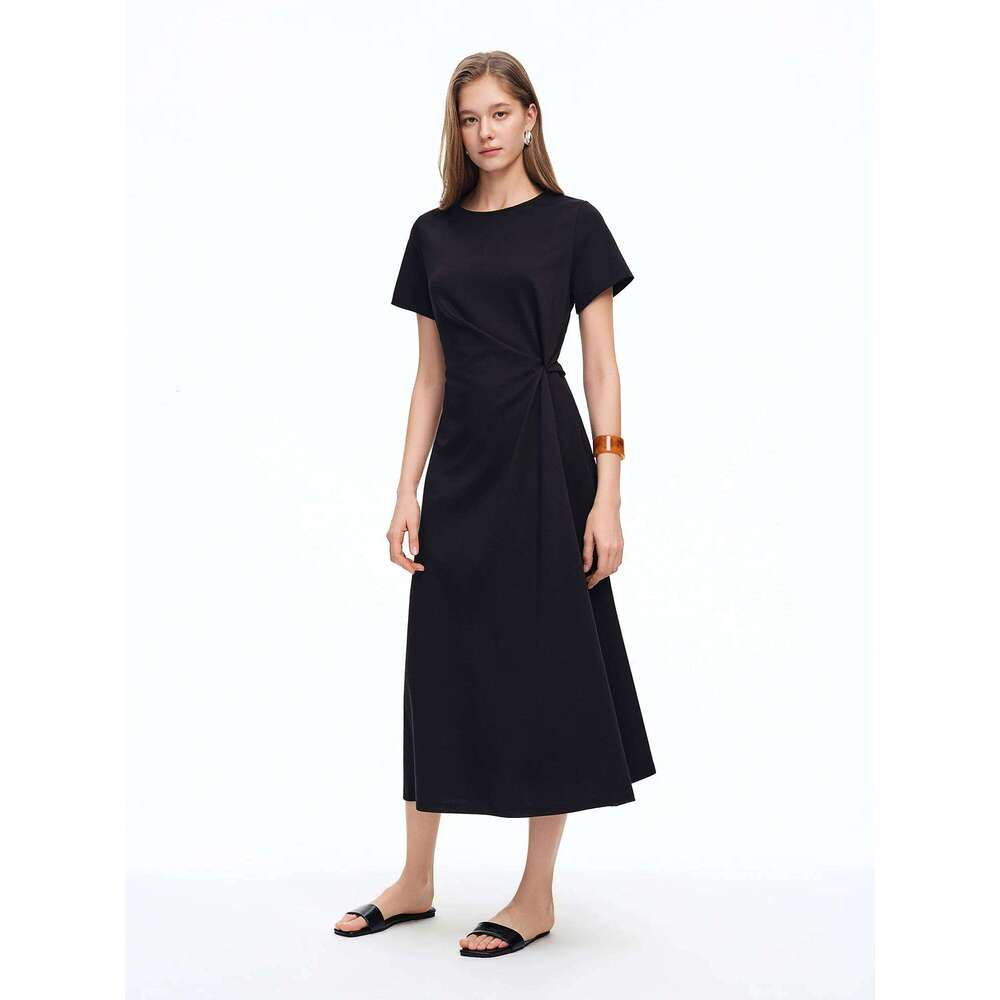 Women's Minimalist Black Knot Waist-Cinching Summer 2026 New Arrival Elegant Styled Long Dress Simple Cotton Dresses
