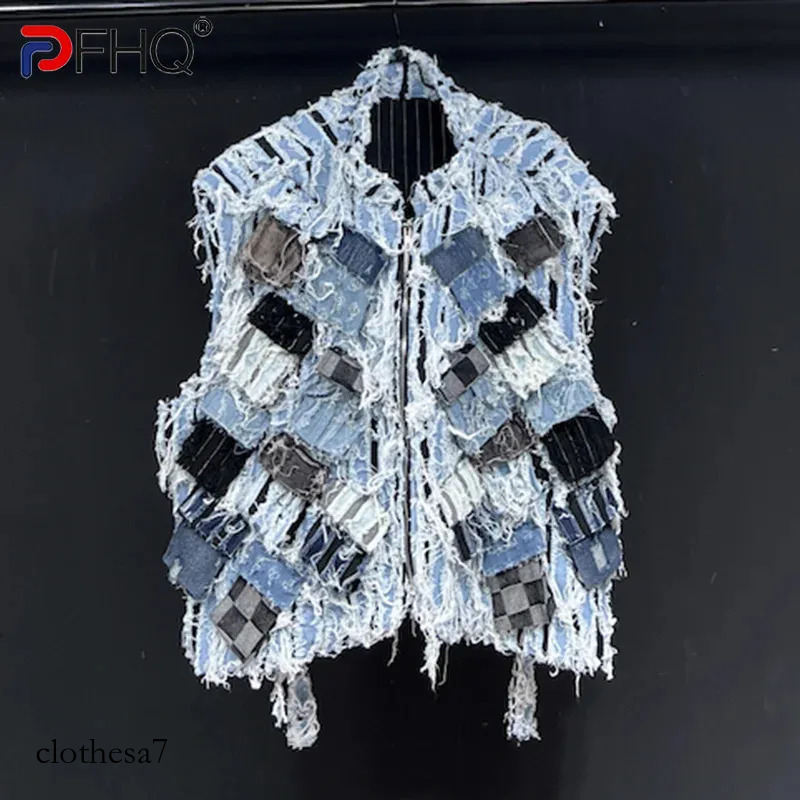 PFHQ Multi Pocket Design Short Denim Vest Zipper Sleeveless Shoulder Contrast Color New Fashion Male Tops 21Z5335