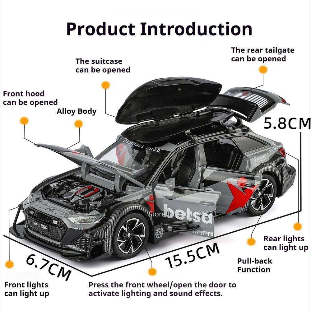 1:32 RS6 Tacoma Alloy Model Diecast Car Miniature Toys Sound Light Pull Back Doors Opened Rubber Tire Vehice Exquisite Ornaments Z260306