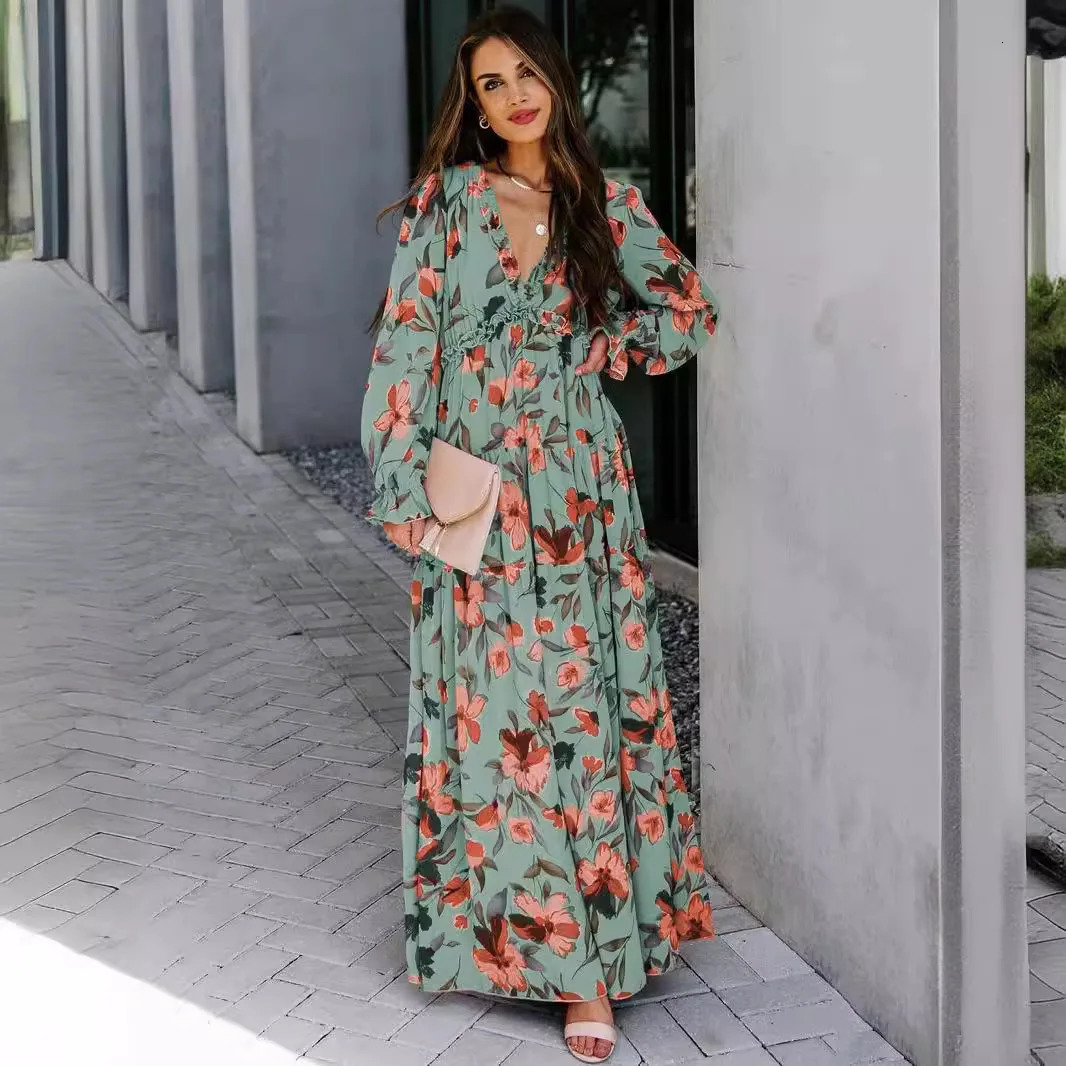 Elegant Floral Print Women Dress Spring Summer Casual Ruffle Layered Long Sleeved Chiffon A Line Maxi Party Vestidos 260306