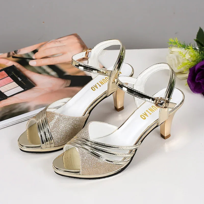 Summer High Heels Sandals Women Heeled Shoes Peep toe Fashion Women Sandals Casual Lady Heels 6cm Gold Silver YX3422 260306