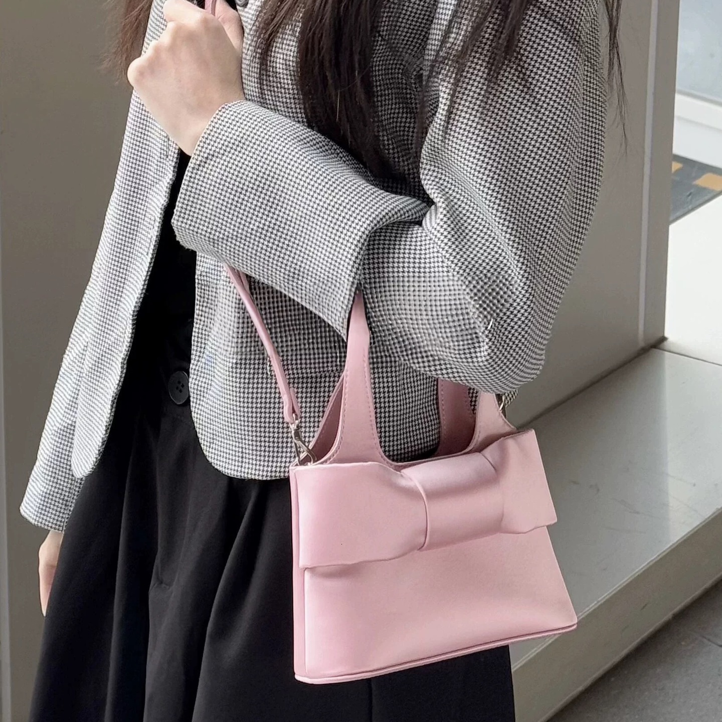 Spring bow handbag cute pink sweet girl handbag fashionable texture crossbody bag fashionable shoulder bag designer bag