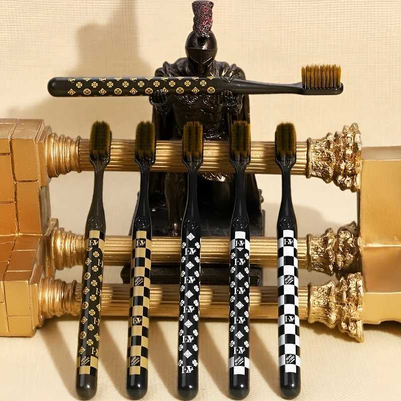 This 6-piece luxury checkered & monogram toothbrush set with soft bristles is perfect for stylish family home oral care.T260307