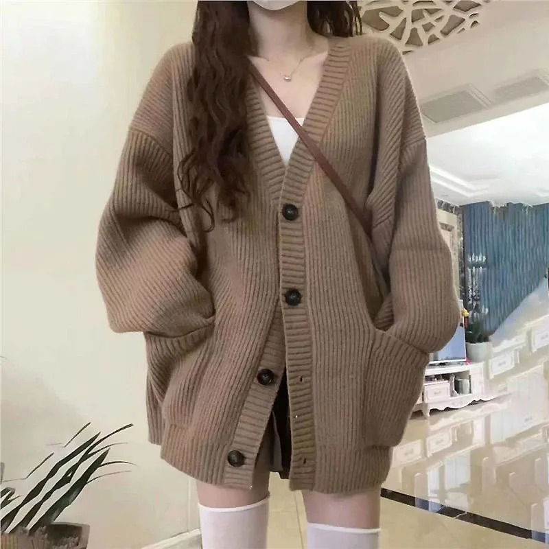 Korean version V-collar lazy wind cardigan Japanese department simple sweater female spring and autumn winter casual loose knit 260305