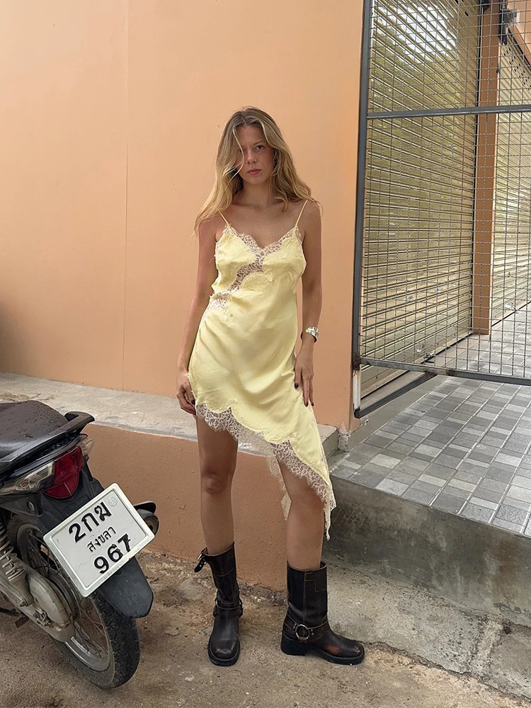 Yellow Satin Lace Splicing Sling Dress Women Elegant Irregular Hem V Neck Backless Sleeveless Gown Chic Women Party Club Vestido 260306