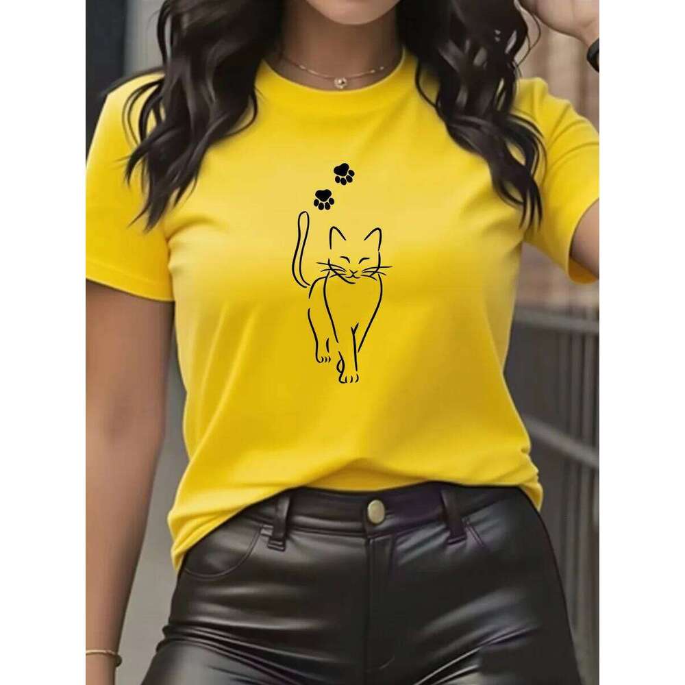 Summer women's cat print. Cute girls' casual short-sleeved round-neck top with animal pattern clothing. T-shirt XJ260306 XJ260306