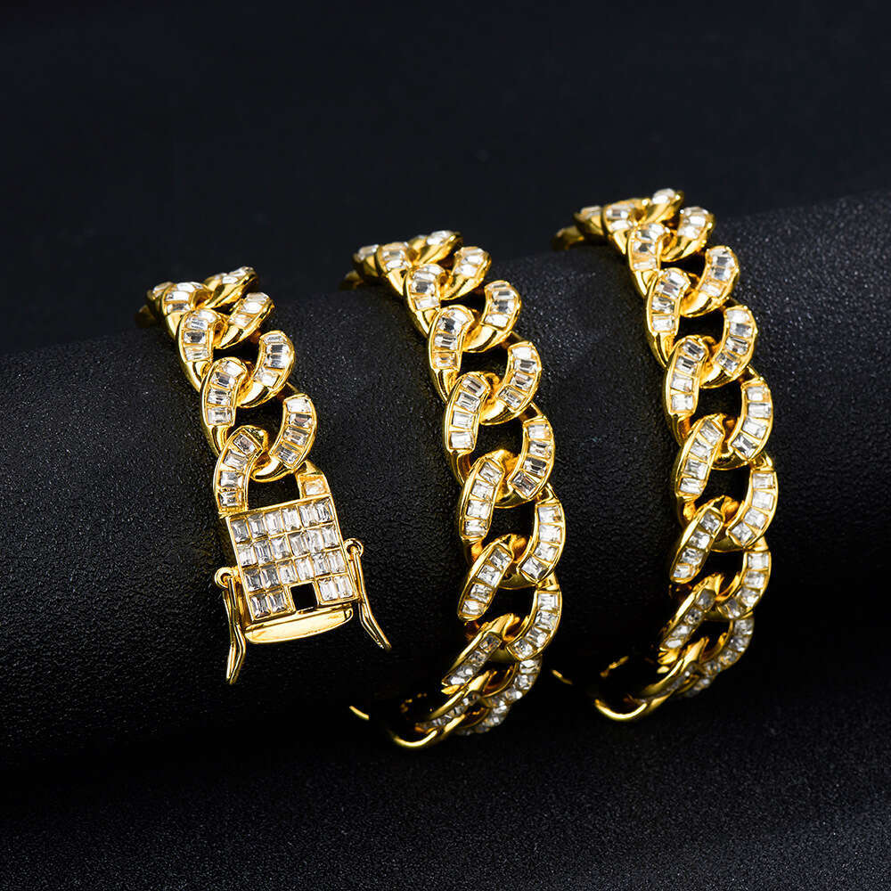 15mm Square Diamond Cuban Chain High-Quality Fashion Alloy Rhinestone Unisex Hip-Hop Necklace Factory Wholesale