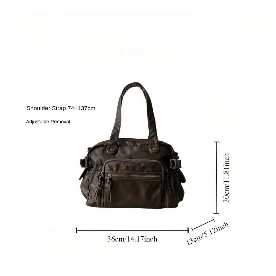 Retro tote bag motorcycle bag soft PU leather large capacity shoulder bag Y2K punk multi pocket crossbody bag 260303