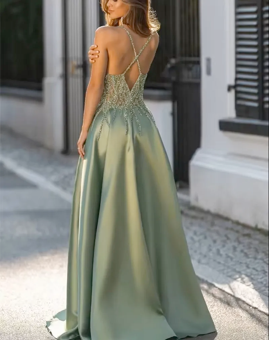 Luxurious Beaded Prom Pageant Dresses 2026 V-neck Sequins A-line Satin Floor Length Girls Evening Party Formal Gowns Robe De Soriee BC282