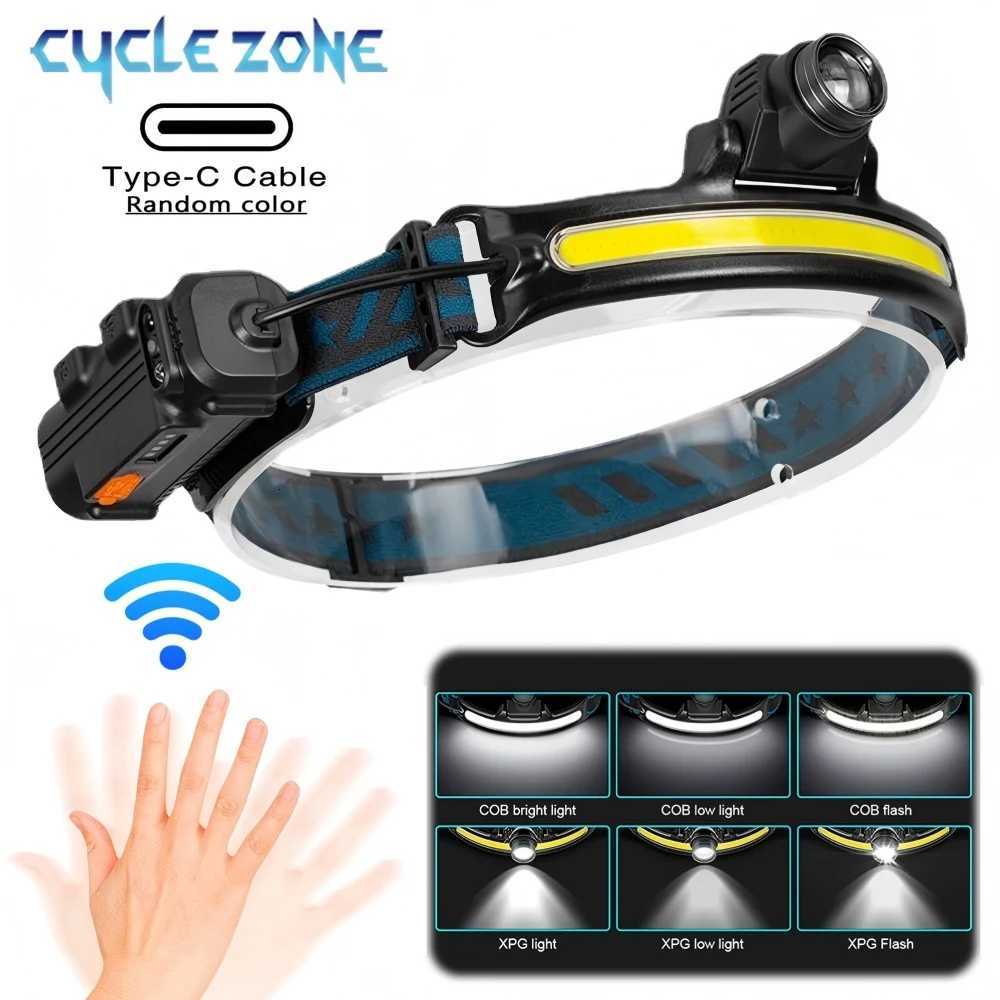 Powerful LED Sensor Headlamp Zoom COB Headlight Rechargeable Head Flashlight Built in Battery Outdoor Camping Fishing Lantern H260307