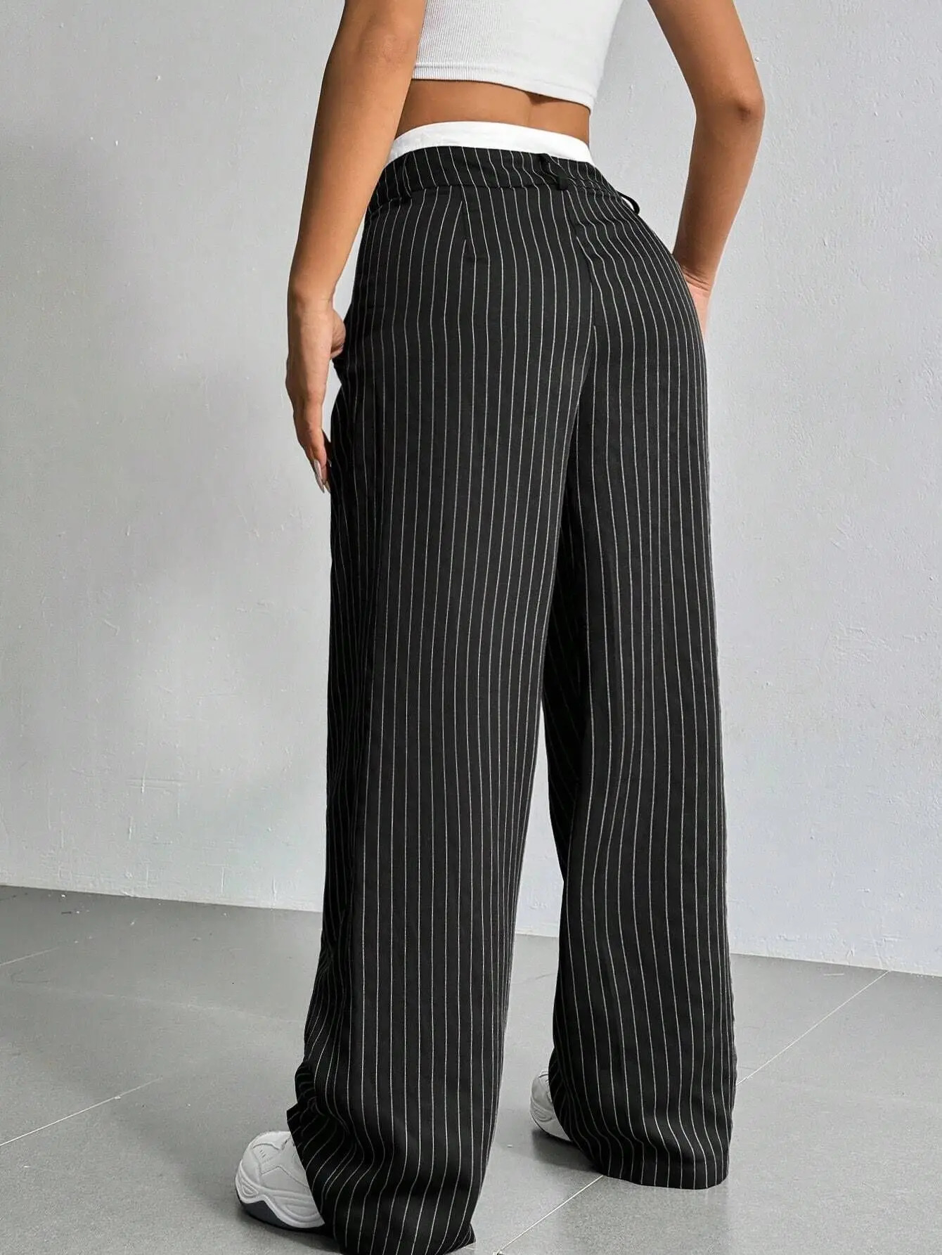 Womens Straight Leg Pinstripe Trousers High Waist Office Business Pants Casual Striped Dressy With Pockets 260306