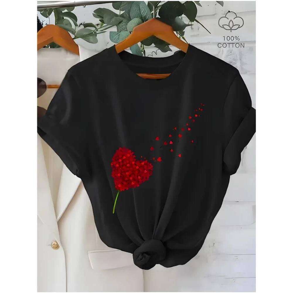 Women's Cotton Short-Sleeve T-Shirt Heart and Dandelion Casual Fashion Top with Playful Print Design Plus Size XJ260306