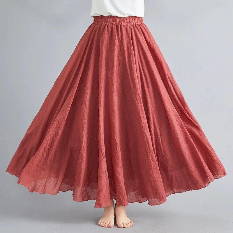Women Linen Cotton Long Skirts Elastic Waist Pleated Maxi Skirts Beach Boho Vintage Summer Skirts Faldas Saia 260306