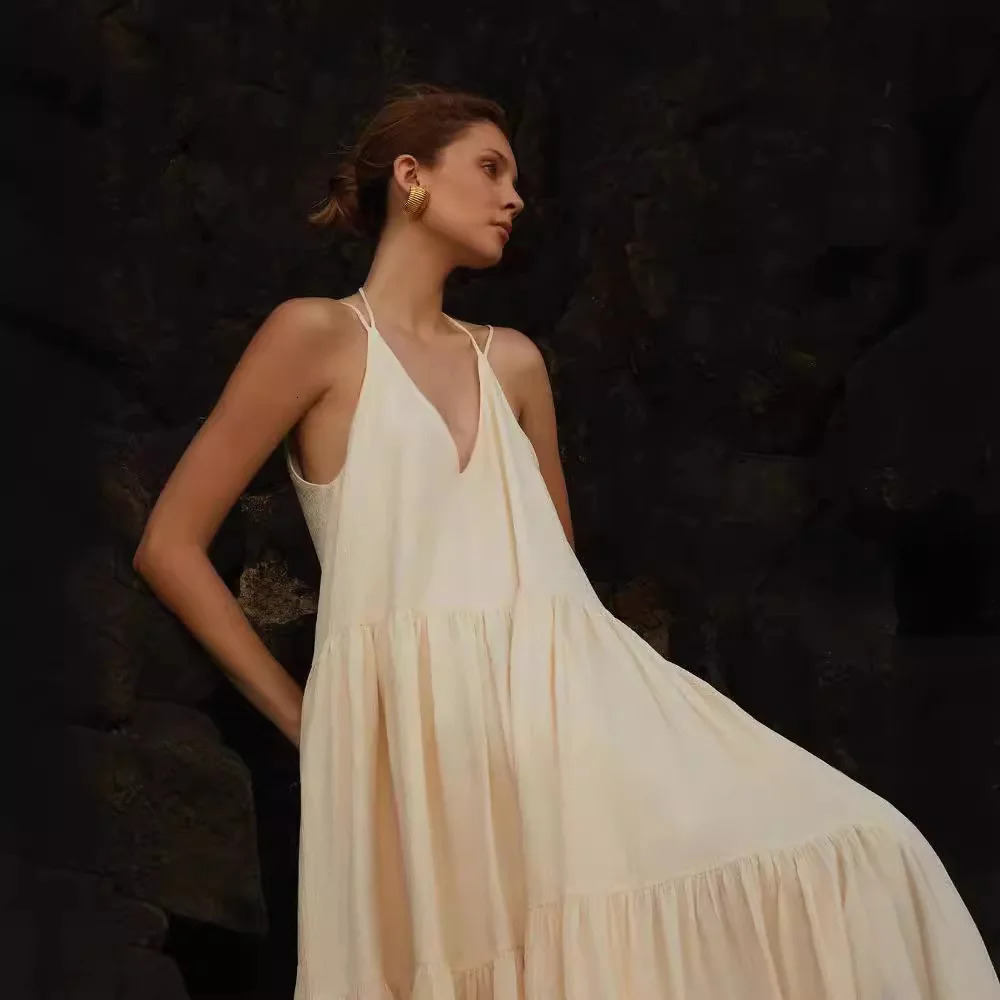 Summer Loose Laceup Sling Dresses Women Casual Solid Pleat Irregular Long Dress Spring Sexy Double V Neck Backless Hollow 260306