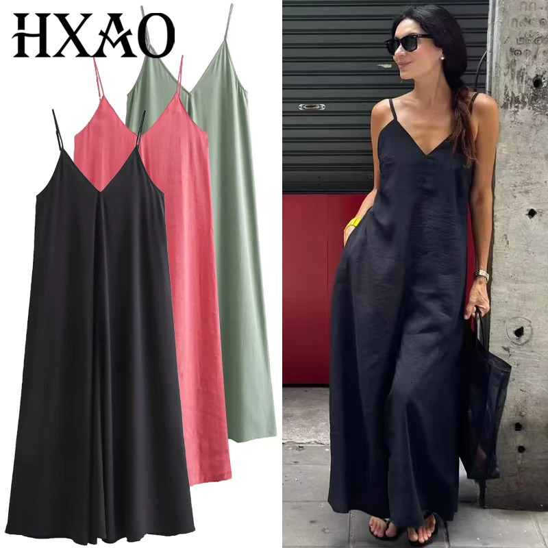 HXAO Womens Slip Dress Summer Green Red Black Dress Casual V-Neck Backless Long Dresses Sleeveless Vestidos Resort Dresses 260306
