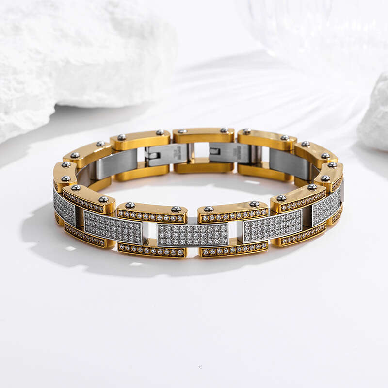 Direct from the factory: European and American titanium diamond-encrusted bracelet, 316 stainless steel vacuum 18K Cuban chain, premium men's bra