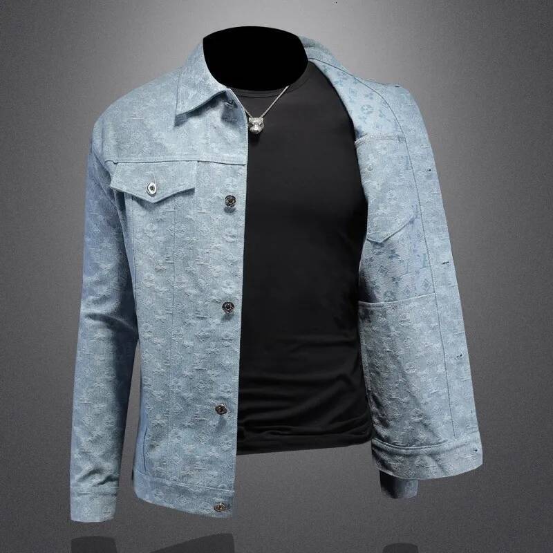 Men's Slim Fit Casual Denim Jacket Autumn Plaid Embossed Collar Trendy Youth Fashionable Outerwear