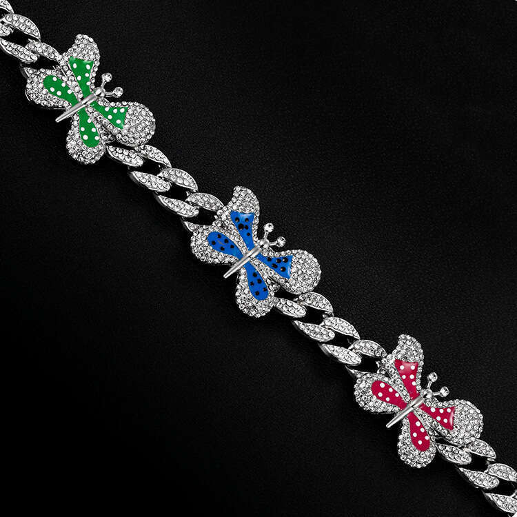 High-Quality European and American INS Jewelry Full Diamond Oil Drop Butterfly Cuban Hip-Hop Necklace Collarbone Chain for Women Wholesale