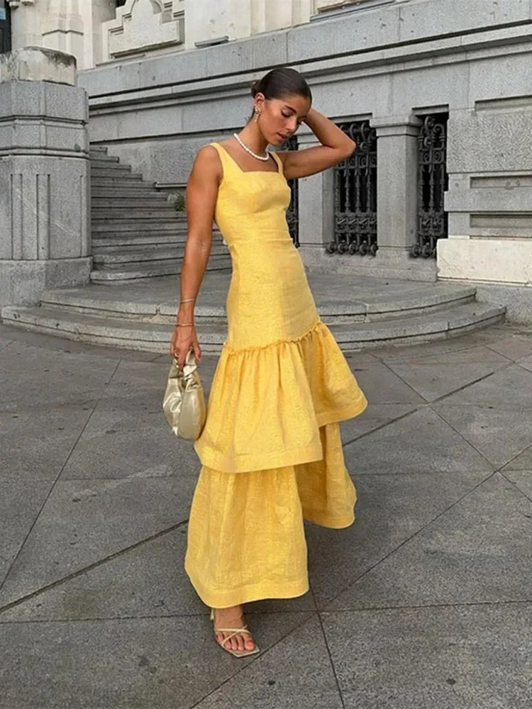 y Sparkling Ruffled Layerd Yellow Long Dress Chic Backless Bodycon Wedding Sling Robes Women Elegant Party Club Vestidos 260306