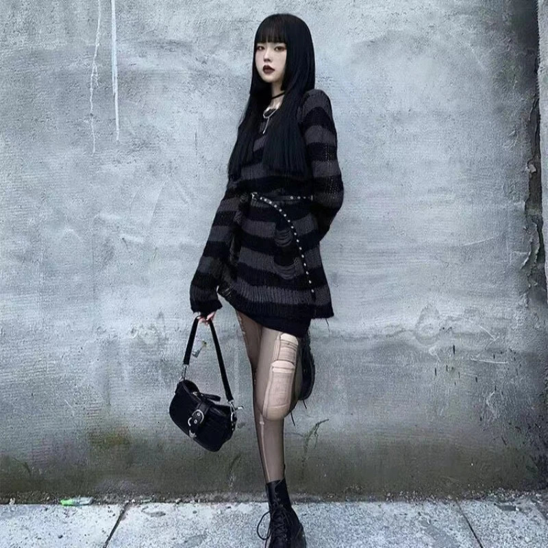 Punk Gothic Long Unisex Sweater Summer Women Striped Cool Hollow Out Hole Broken Jumper Loose Rock Thin Dark Streetwear Top 260306