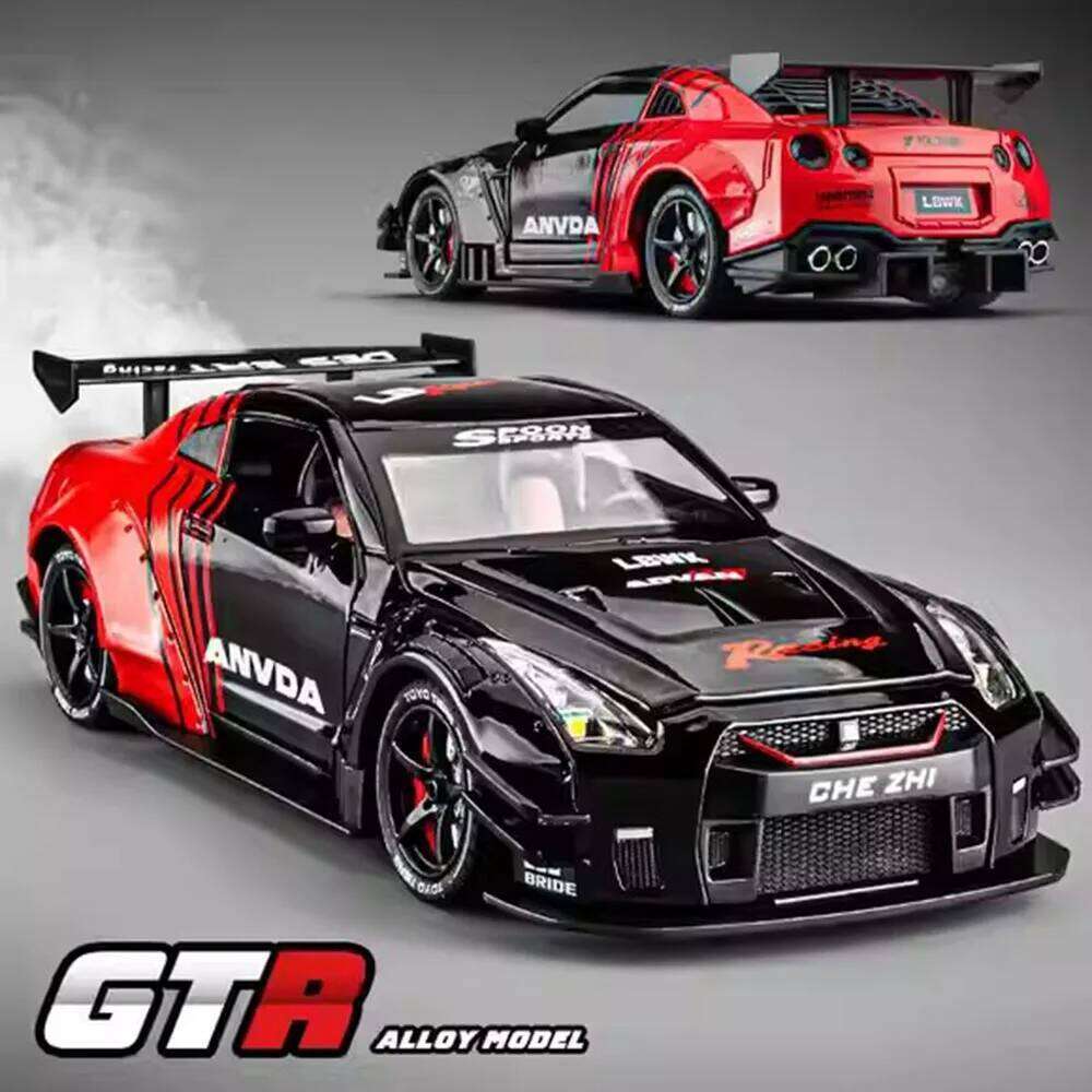 1:24 GTR Alloy Car Toys Diecast Model Spray Version Front Wheel Steering Doors Openend Sound Light Pull Back Vehice Holiday Gift Z260306