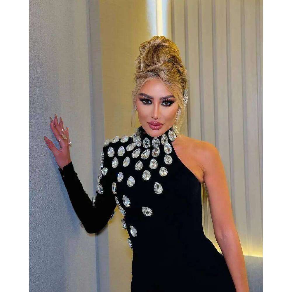 Fashion Women Celebrity Sexy Single Sleeve Rhinestone Black Maxi Long Bodycon Bandage Elegant Evening Club Party Dress
