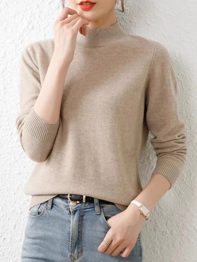 Korean Sweaters Autumn Winter Women Sweater Vintage Basic Solid Knitted Tops Casual Slim Mock Neck Pullover Simple Chic Jumpers 260306