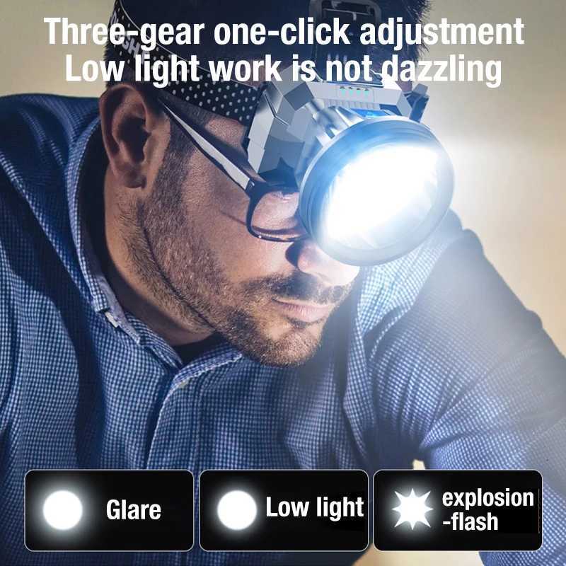 Powerful LED Headlamp TYPE-C Rechargeable Headlights Night Working Emergency Light Outdoor Camping Head Flashlight Fishing Lamp H260307
