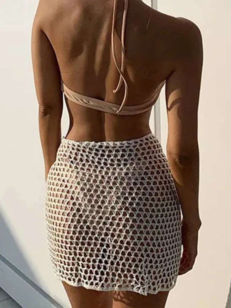 Women Beach Skirt Hollowed Solid Black White Yellow Green Knitted Mini For Summer Vacation Seaside CoverUp 260228