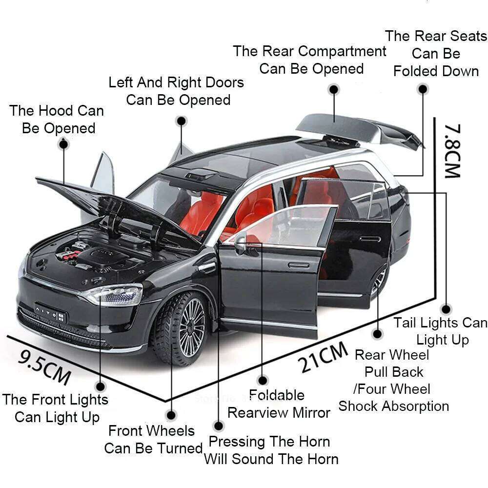 1:24 Alloy Diecast SERES AITO M9 Models Cars Toys Wheel Pull Back Rubber Tires Vehicles with Light Music SUV Boys Birthday Gifts Z260307