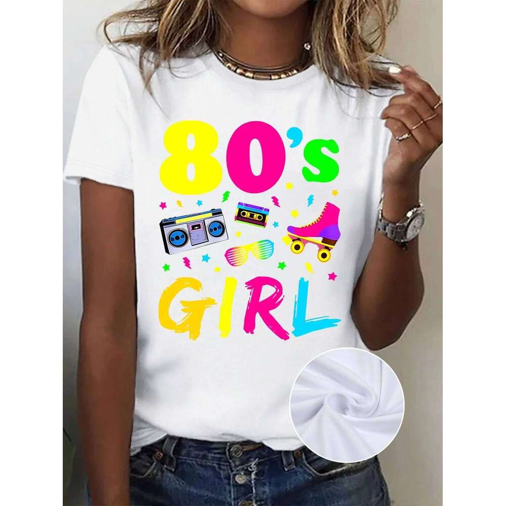 Sleeve Polyester Spandex Blend Crew Neck Medium Stretch Graphic Shirt Girl Retro Radio and Roller Skates Print T-Shirt Casual XJ260306