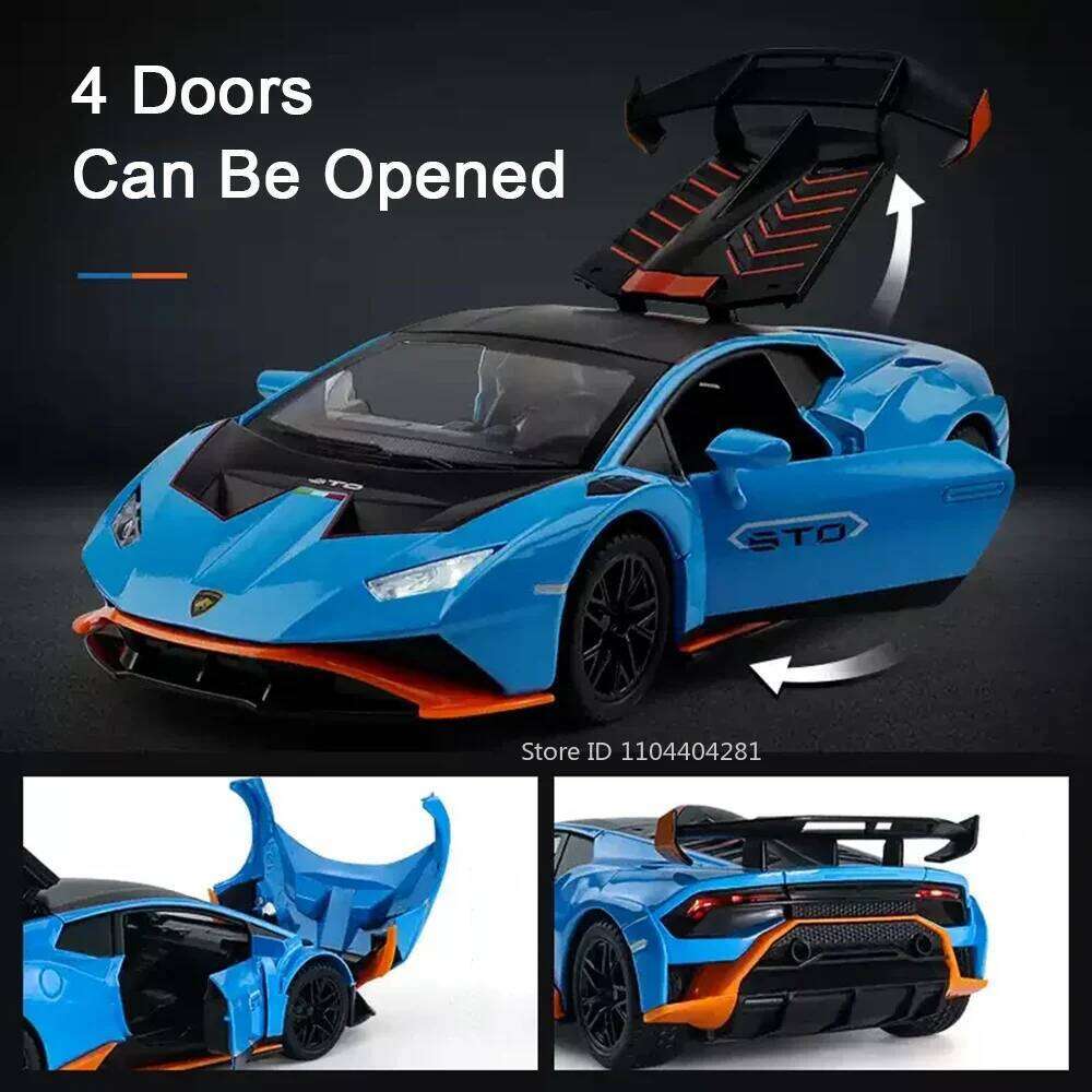 1:24 Lambor Huracan STO SCV12 Model Toys Alloy Diecast Cars Doors Opened with Sound Light Pull Back Vehices Boy's Birthday Gifts Z260306