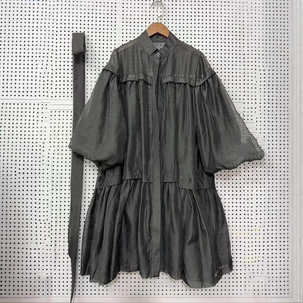 2026 women's solid color transparent hard yarn stand collar tied waist dress autumn fashion loose pleated fluffy skirt