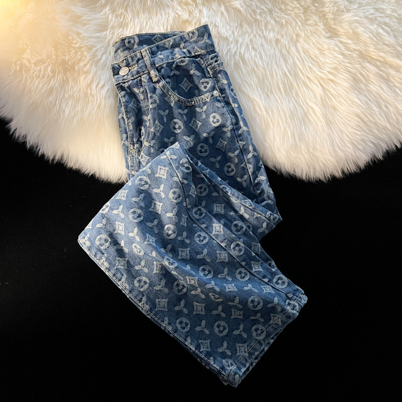 Luxury Brand Designer Clothes Trendy Brand Full Print Jeans For Men, Loose Straight Long Pants For Autumn, Ins American Retro Vibe Style Streetwear Pa