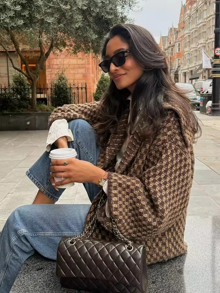 Autumn Brown Long Sleeve Knitted Cardigans Women Elegant Lapel Single Breasted Loose Sweater Coat Knitwear Korean Style 260305