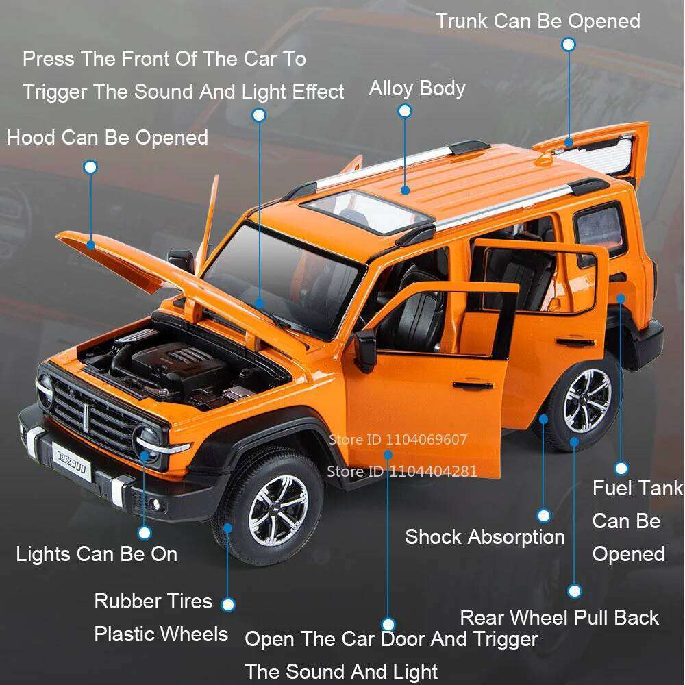 1:24 Tank 300 500 Car Diecast Alloy Model Toys Doors Opened with Sound Light Pull Back Miniature Vehices Children Festival Gifts Z260306