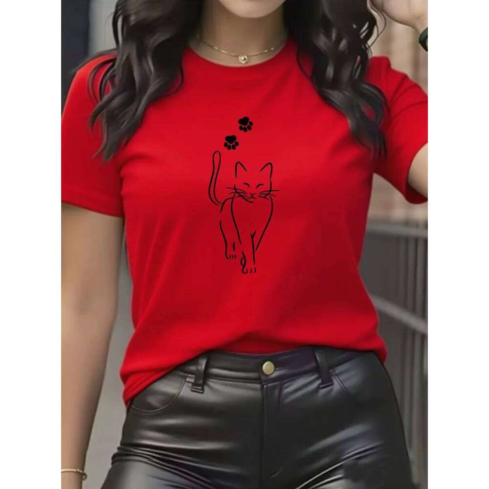 Summer women's cat print. Cute girls' casual short-sleeved round-neck top with animal pattern clothing. T-shirt XJ260306 XJ260306