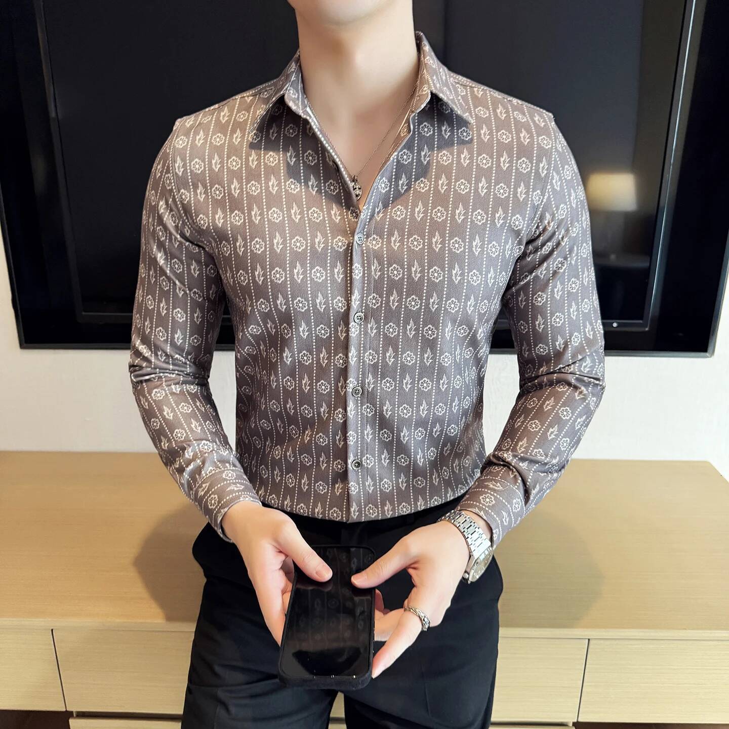 Suede Autumn and Winter Thick Men's Long Sleeved Fashionable Casual Luxury Retro Printed Slim Fit Shirt 4XL-M