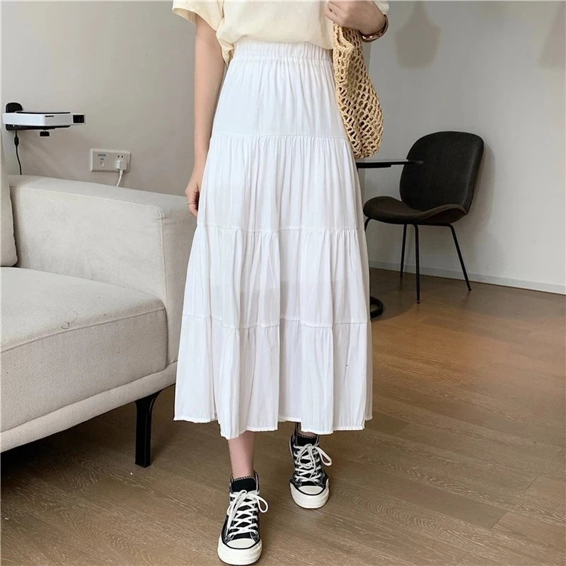 Spring Summer Women Chiffon Skirts Vintage High Waist Elastic Patchwork White Black Chic Long Cake A-line Skirt for Student 260228