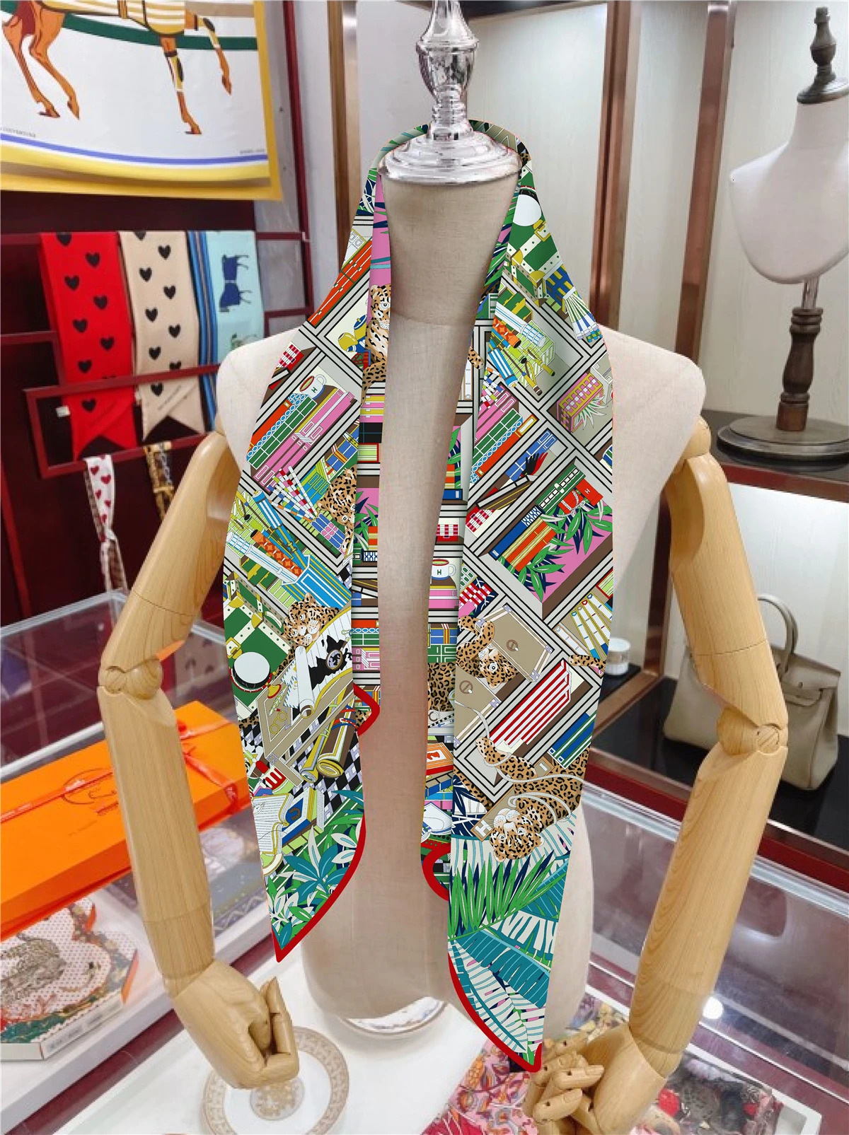 90cm Bookshelf Leopard Square Scarf Women Twill Silk Scarf Shawl Hijab Bandana Foulard Neckerchief Head Scarf 260302
