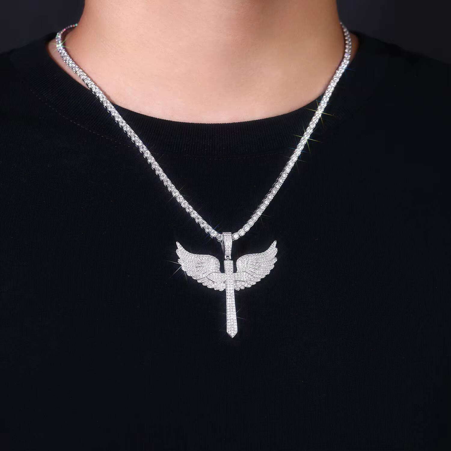 Angel Wings Moissanite Cross Pendant Necklace 925 Sterling Silver 18K Gold Plated Full Moissanite Pave Luxury Hip Hop Jewelry