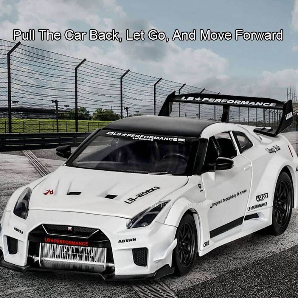 1:24 GTR CSR2 R34 Model Toys Diecast Alloy Car Doors Opened Sound Light Pull Back Rubber Tires Miniature Vehices Adult Boys Gift Z260307