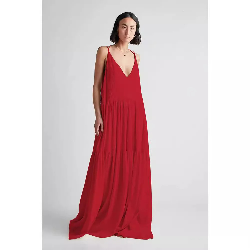 Summer Loose Laceup Sling Dresses Women Casual Solid Pleat Irregular Long Dress Spring Sexy Double V Neck Backless Hollow 260306